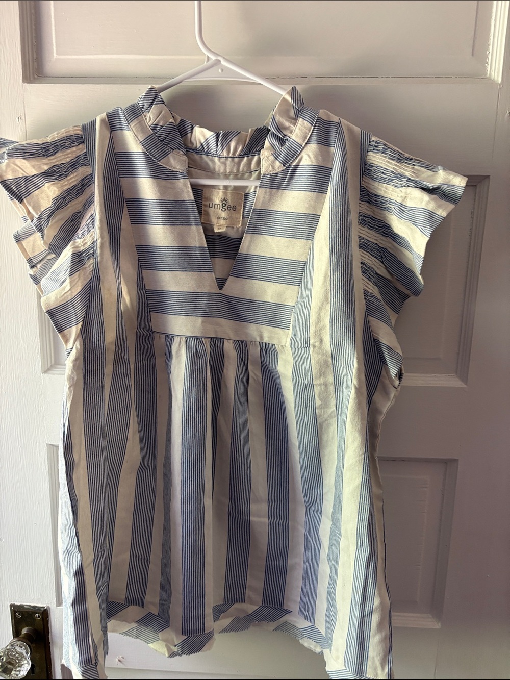 Umgee Navy and White Striped V-Neck Peasant Top - Picture 3 of 5
